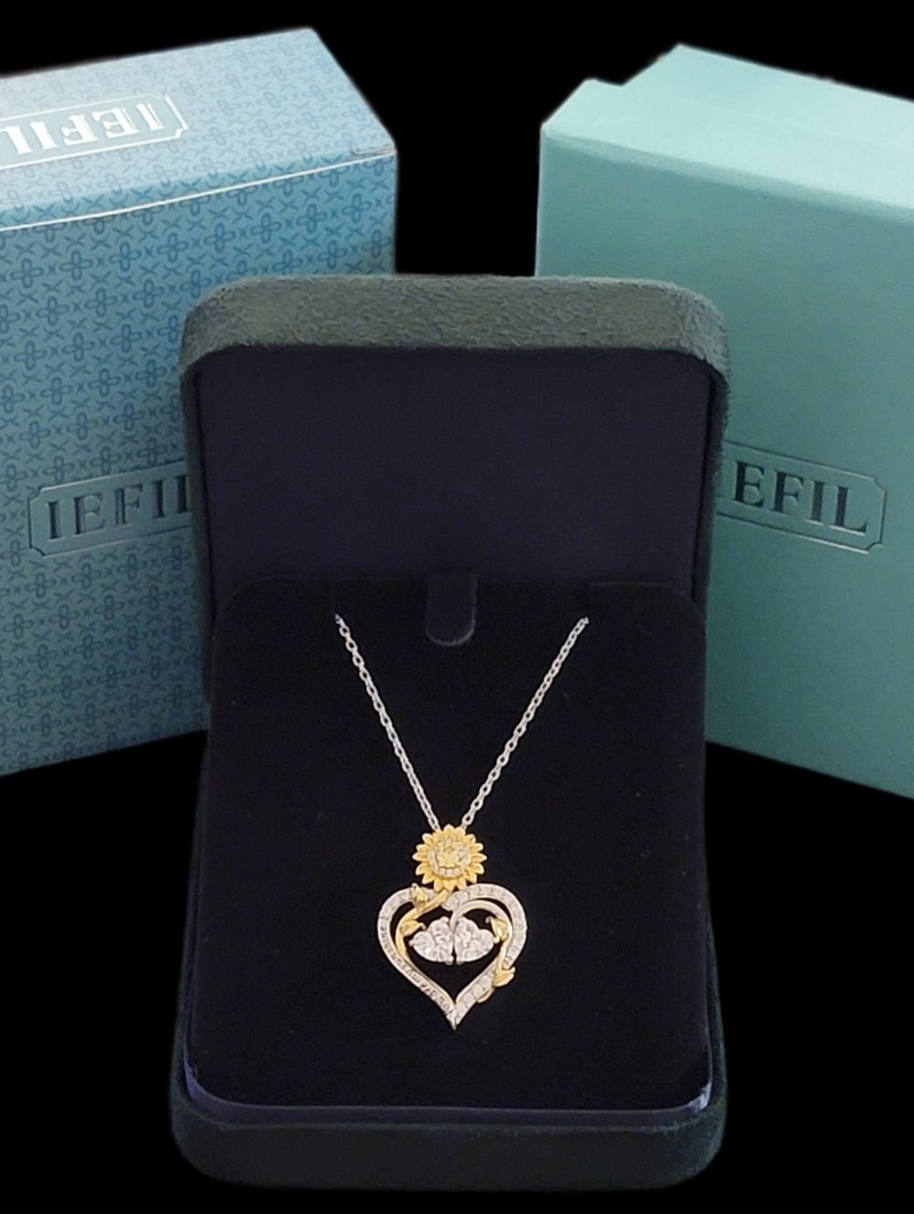 Sterling Silver Sunflower Double Heart Topaz CZ Necklace NWT